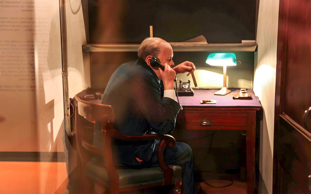 Winston Churchill on the phone in his War Rooms bunker.